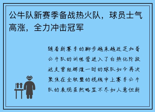 公牛队新赛季备战热火队，球员士气高涨，全力冲击冠军